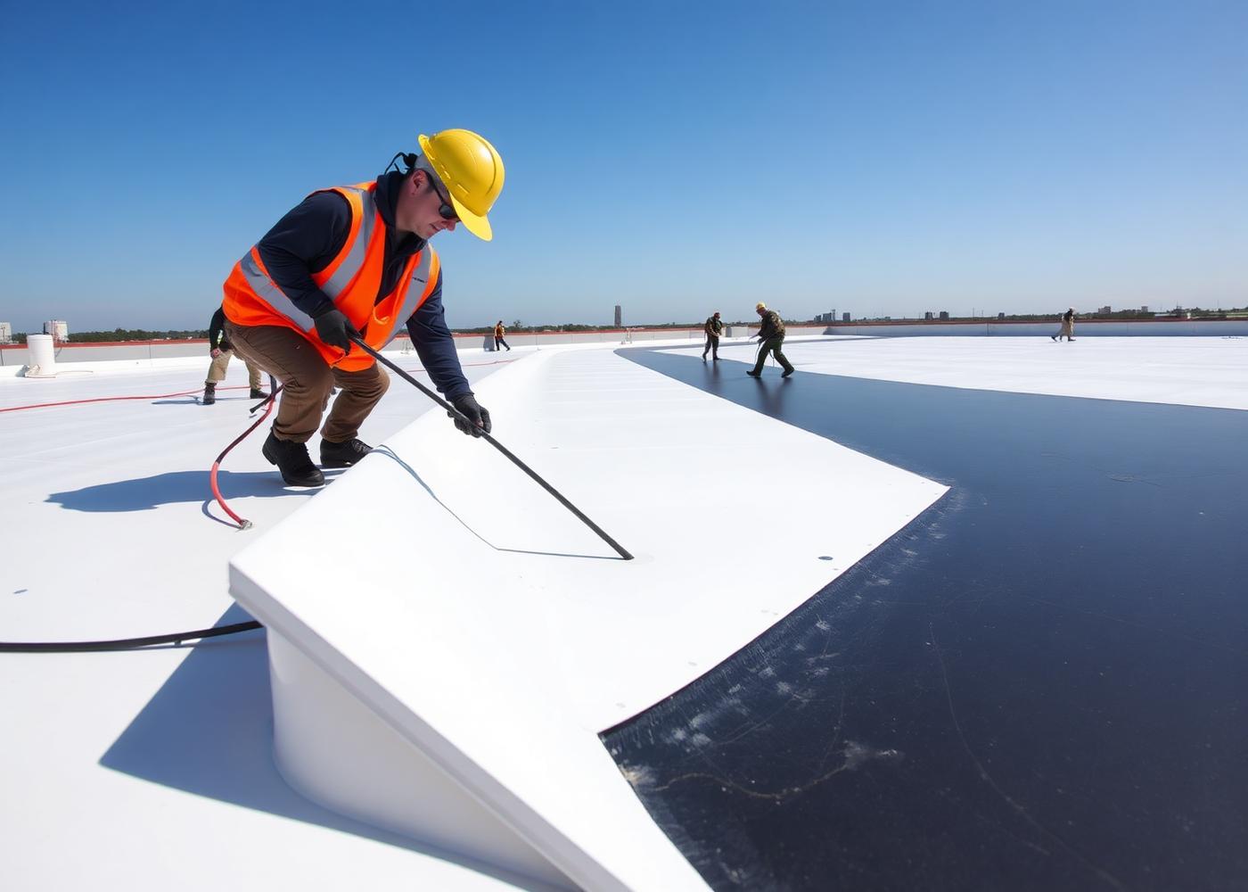 Jim Giese Commercial Roofing crew installing a TPO membrane