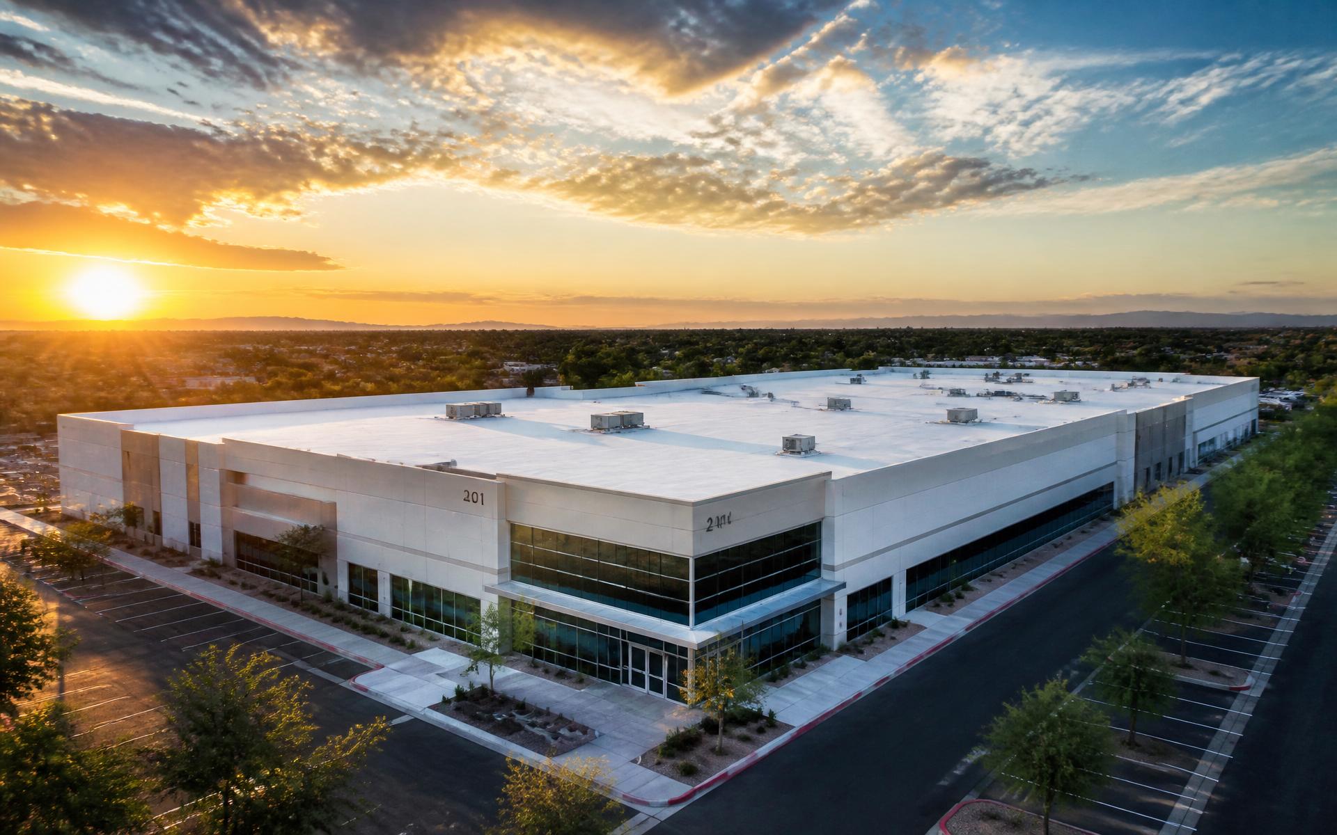 Aerial view of a modern commercial building with a premium flat roof at golden hour